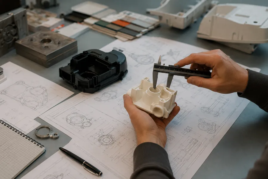 Injection-moulded component being checked against technical drawings