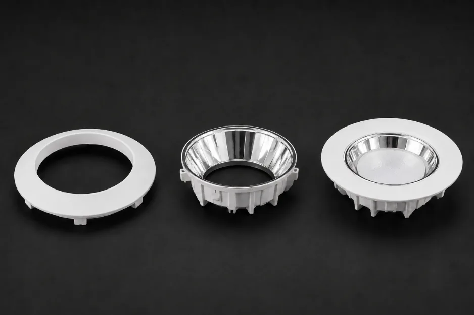 Circular plastic component shown as moulded, metallized and completed stages.