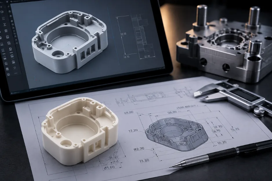 White plastic component measured with a digital calliper beside technical drawings.