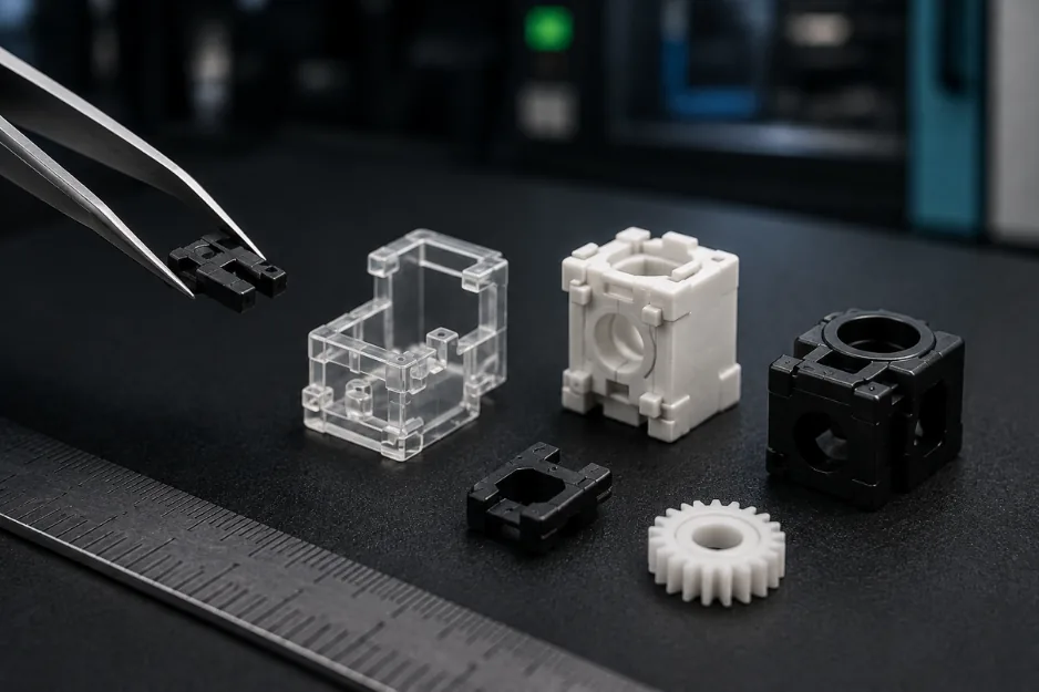 Tweezers holding a small moulded component beside compact technical plastic parts and a measuring ruler.