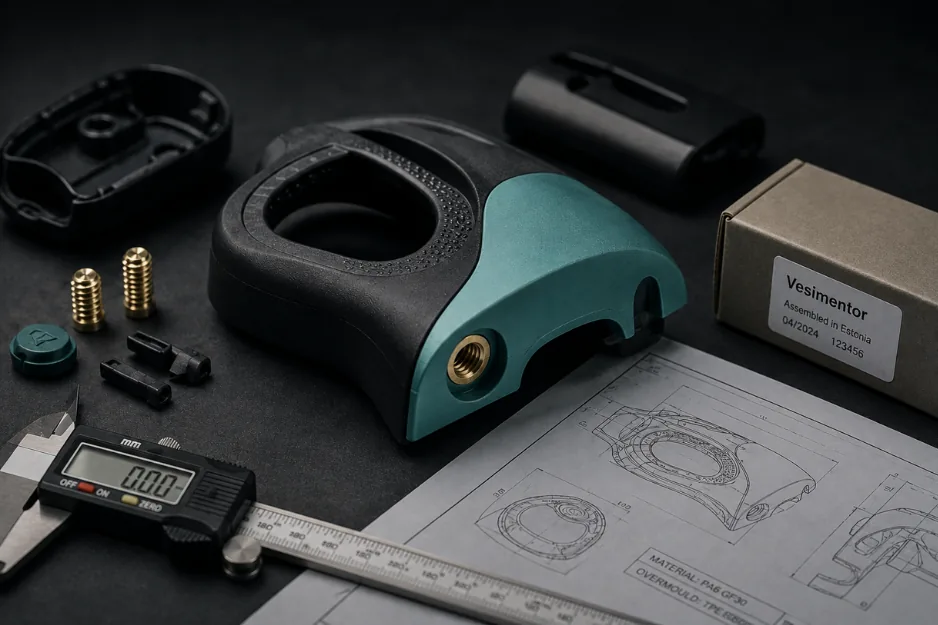 Moulded component, metal inserts, measuring calliper and technical drawing used for interface review.