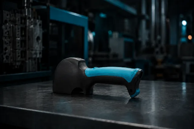 Black and turquoise overmoulded component combining two material areas.