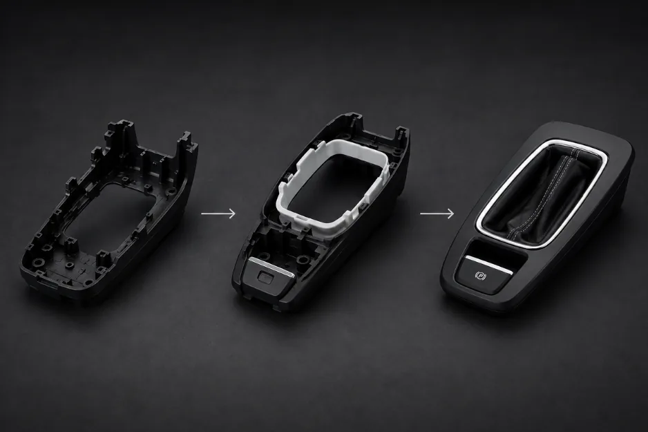 Component stages showing moulding, sealing and final assembly operations.