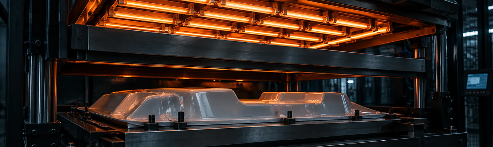 Thermoplastic sheet being formed inside a vacuum-forming machine beneath orange heater elements.